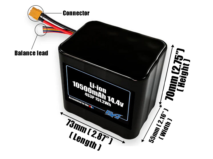 Size reference photo of the 10500mAh 14.4V Li-ion pack showing 73 mm by 55 mm by 70 mm dimensions ideal for drones or robotic systems where space matters.