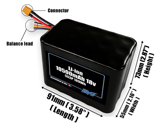 Size reference photo of the 10500mAh 18V Li-ion pack showing 91 mm by 55 mm by 73 mm dimensions ideal for drones or robotic systems where space matters.