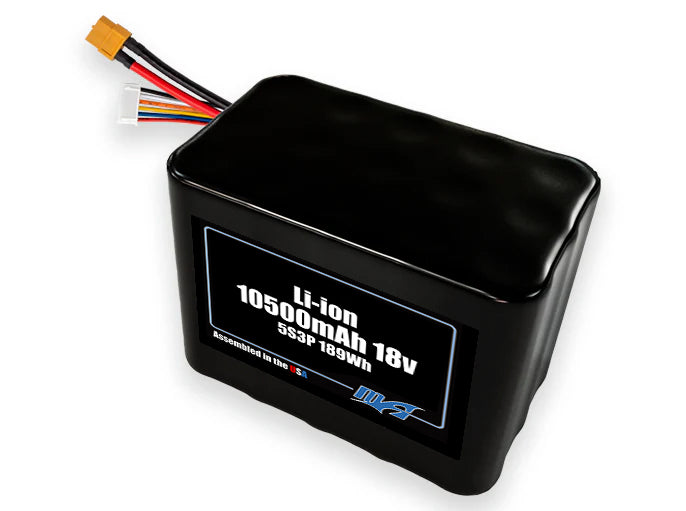 Compact 18-volt 10500mAh lithium-ion battery, built for lightweight drone, UAV, and robotics projects.