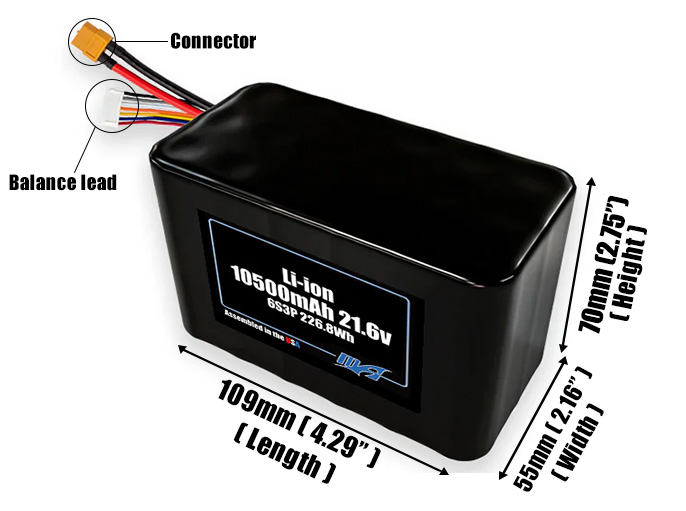 Size reference photo of the 10500mAh 21.6V Li-ion pack showing 109 mm by 55 mm by 70 mm dimensions ideal for drones or robotic systems where space matters.