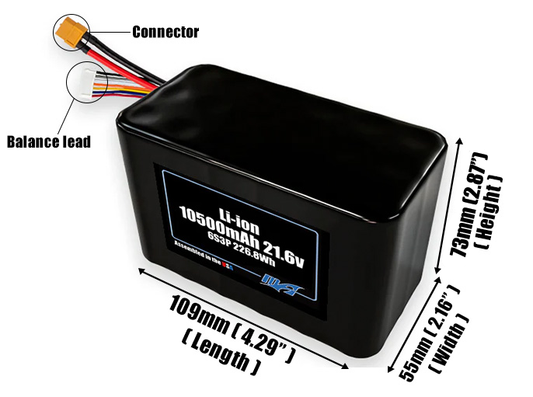 Size reference photo of the 10500mAh 21.6V Li-ion pack showing 109 mm by 55 mm by 73 mm dimensions ideal for drones or robotic systems where space matters.
