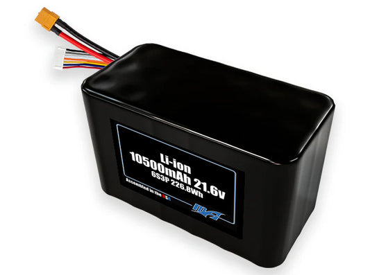 Compact 21.6-volt 10500mAh lithium-ion battery, built for lightweight drone, UAV, and robotics projects.