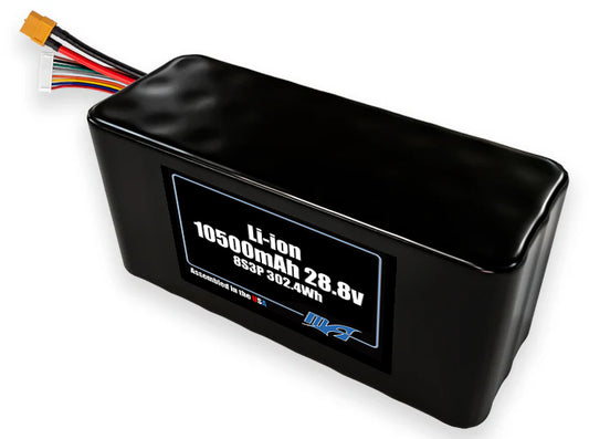 Compact 28.8-volt 10500mAh lithium-ion battery, built for lightweight drone, UAV, and robotics projects.