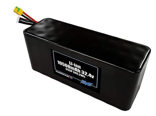 Compact 32.4-volt 10500mAh lithium-ion battery, built for lightweight drone, UAV, and robotics projects.