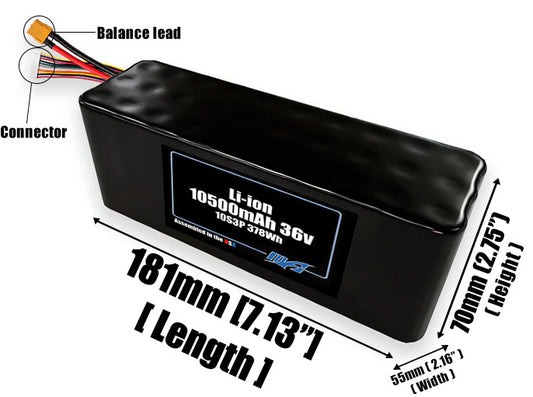 Size reference photo of the 10500mAh 36V lithium ion pack showing 181 mm by 55 mm by 70 mm dimensions ideal for drones or large robotic systems where space matters.