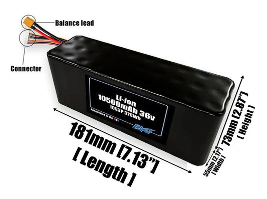 Size reference photo of the 10500mAh 36V lithium ion pack showing 181 mm by 55 mm by 73 mm dimensions ideal for drones or large robotic systems where space matters.