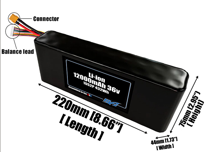 Size reference photo of the 12000mAh 36V Li-ion pack showing 220 mm by 44 mm by 75 mm dimensions ideal for drones or robotic systems where space matters.