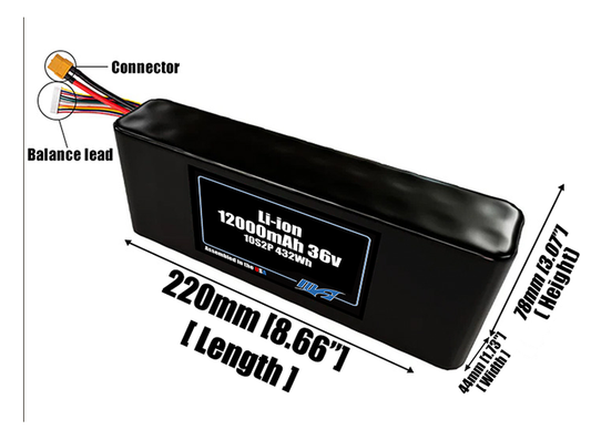 Size reference photo of the 12000mAh 36V Li-ion pack showing 220 mm by 44 mm by 78 mm dimensions ideal for drones or robotic systems where space matters.