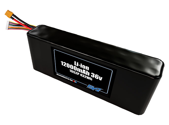 Compact 36-volt 12000mAh lithium-ion battery, built for lightweight drone, UAV, and robotics projects.