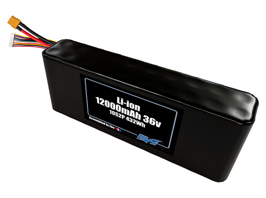 Compact 36-volt 12000mAh lithium-ion battery, built for lightweight drone, UAV, and robotics projects.