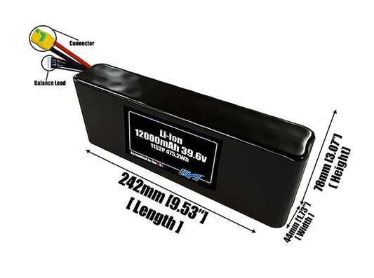 Size reference photo of the 12000mAh 39.6V Li-ion pack showing 242 mm by 44 mm by 78 mm dimensions ideal for drones or robotic systems where space matters.