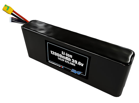 Compact 39.6-volt 12000mAh lithium-ion battery, built for lightweight drone, UAV, and robotics projects.