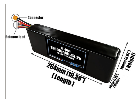 Size reference photo of the 12000mAh 43.2V Li-ion pack showing 264 mm by 44 mm by 78 mm dimensions ideal for drones or robotic systems where space matters.