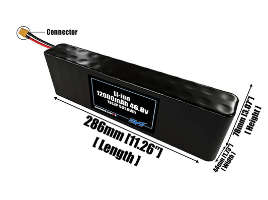 Size reference photo of the 12000mAh 46.8V Li-ion pack showing 286 mm by 44 mm by 78 mm dimensions ideal for drones or robotic systems where space matters.