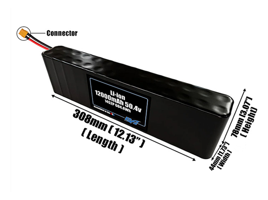 Size reference photo of the 12000mAh 50.4V Li-ion pack showing 308 mm by 44 mm by 78 mm dimensions ideal for drones or robotic systems where space matters.
