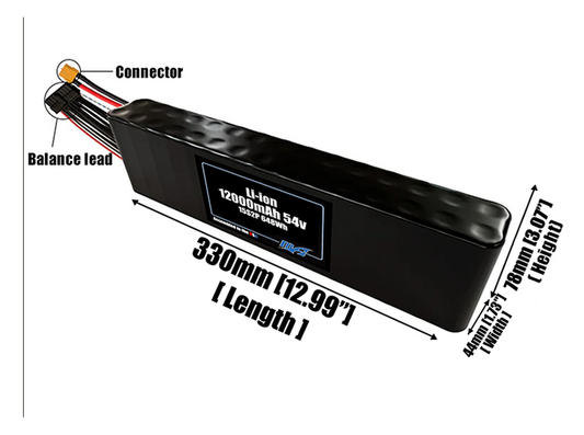Size reference photo of the 12000mAh 54V Li-ion pack showing 330 mm by 44 mm by 78 mm dimensions ideal for drones or robotic systems where space matters.
