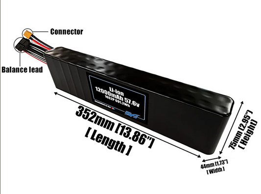 Size reference photo of the 12000mAh 57.6V Li-ion pack showing 352 mm by 44 mm by 75 mm dimensions ideal for drones or robotic systems where space matters.