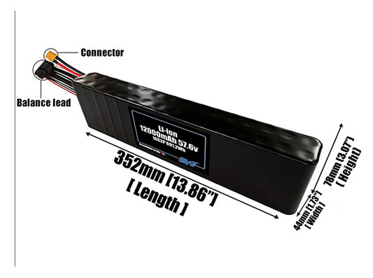 Size reference photo of the 12000mAh 57.6V Li-ion pack showing 352 mm by 44 mm by 78 mm dimensions ideal for drones or robotic systems where space matters.