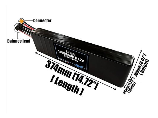 Size reference photo of the 12000mAh 61.2V Li-ion pack showing 374 mm by 44 mm by 78 mm dimensions ideal for drones or robotic systems where space matters.