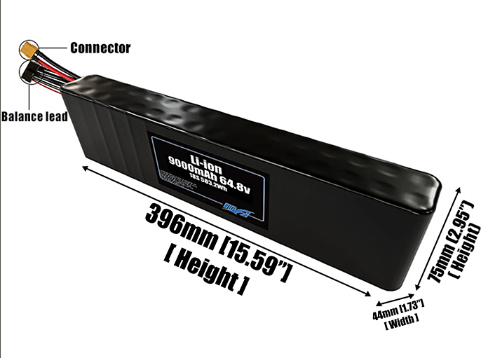 Size reference photo of the 12000mAh 64.8V Li-ion pack showing 396 mm by 44 mm by 75 mm dimensions ideal for drones or robotic systems where space matters.