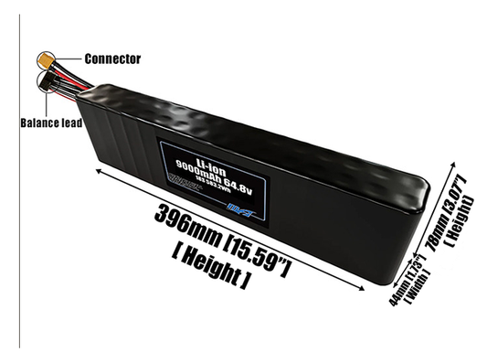Size reference photo of the 12000mAh 64.8V Li-ion pack showing 396 mm by 44 mm by 78 mm dimensions ideal for drones or robotic systems where space matters.
