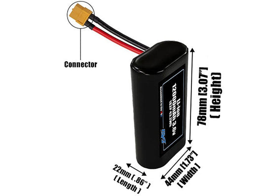 Size reference photo of the 12000mAh 3.6V Li-ion pack showing 22 mm by 44 mm by 78 mm dimensions ideal for drones or robotic systems where space matters.