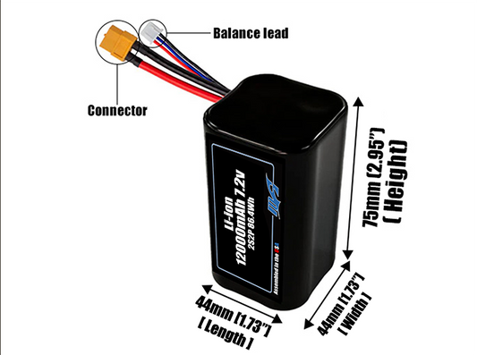 Size reference photo of the 12000mAh 7.2V Li-ion pack showing 44 mm by 44 mm by 75 mm dimensions ideal for drones or robotic systems where space matters.