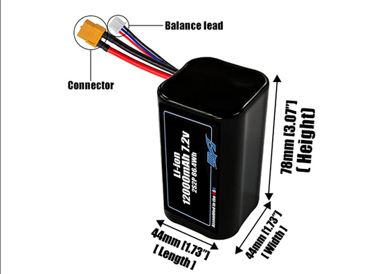 Size reference photo of the 12000mAh 7.2V Li-ion pack showing 44 mm by 44 mm by 78 mm dimensions ideal for drones or robotic systems where space matters.