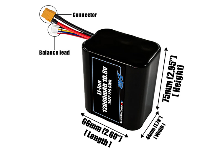 Size reference photo of the 12000mAh 10.8V Li-ion pack showing 66 mm by 44 mm by 75 mm dimensions ideal for drones or robotic systems where space matters.