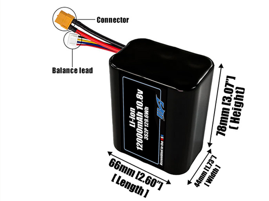 Size reference photo of the 12000mAh 10.8V Li-ion pack showing 66 mm by 44 mm by 78 mm dimensions ideal for drones or robotic systems where space matters.