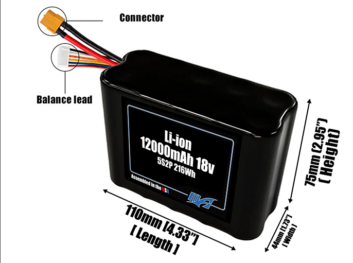 Size reference photo of the 12000mAh 18V Li-ion pack showing 110 mm by 44 mm by 75 mm dimensions ideal for drones or robotic systems where space matters.