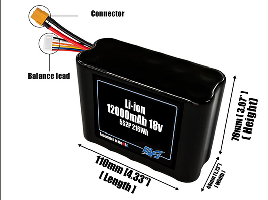 Size reference photo of the 12000mAh 18V Li-ion pack showing 110 mm by 44 mm by 78 mm dimensions ideal for drones or robotic systems where space matters.