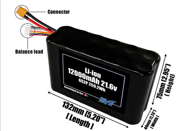 Size reference photo of the 12000mAh 21.6V Li-ion pack showing 132 mm by 44 mm by 75 mm dimensions ideal for drones or robotic systems where space matters.