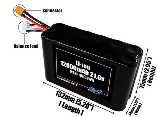Size reference photo of the 12000mAh 21.6V Li-ion pack showing 132 mm by 44 mm by 75 mm dimensions ideal for drones or robotic systems where space matters.