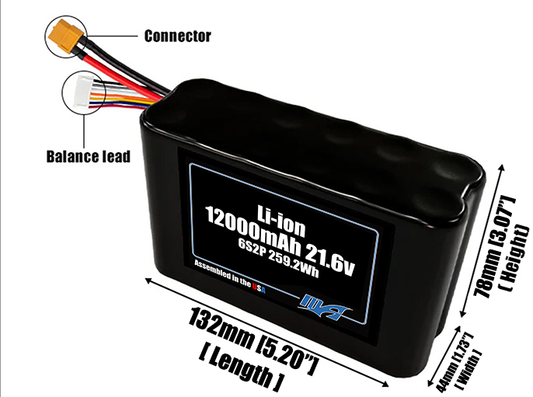 Size reference photo of the 12000mAh 21.6V Li-ion pack showing 132 mm by 44 mm by 78 mm dimensions ideal for drones or robotic systems where space matters.