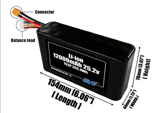 Size reference photo of the 12000mAh 25.2V Li-ion pack showing 154 mm by 44 mm by 78 mm dimensions ideal for drones or robotic systems where space matters.