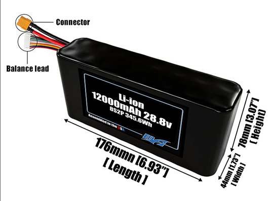 Size reference photo of the 12000mAh 28.8V Li-ion pack showing 176 mm by 44 mm by 78 mm dimensions ideal for drones or robotic systems where space matters.
