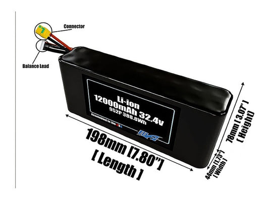 Size reference photo of the 12000mAh 32.4V Li-ion pack showing 198 mm by 44 mm by 78 mm dimensions ideal for drones or robotic systems where space matters.