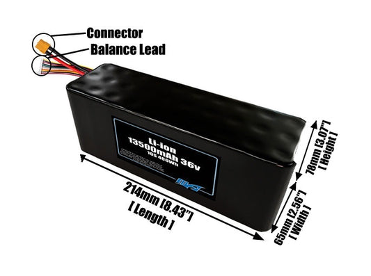 Size reference photo of the 13500mAh 36V lithium ion pack showing 214 mm by 65 mm by 78 mm dimensions ideal for drones or large robotic systems where space matters.