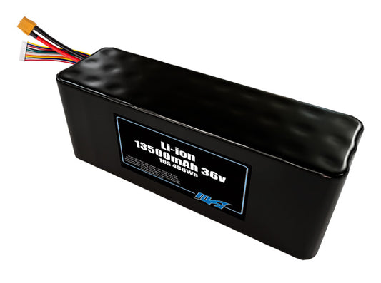 Compact 36-volt 13500mAh lithium-ion battery, built for lightweight drone, UAV, and robotics projects.
