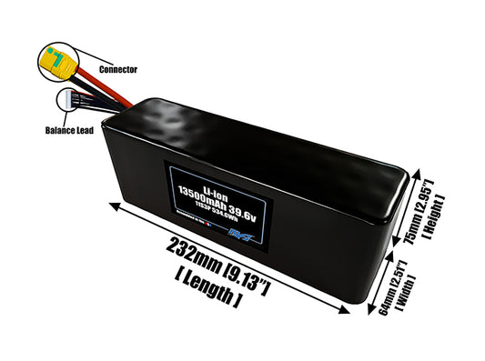Size reference photo of the 13500mAh 39.6V lithium ion pack showing 232 mm by 64 mm by 75 mm dimensions ideal for drones or large robotic systems where space matters.