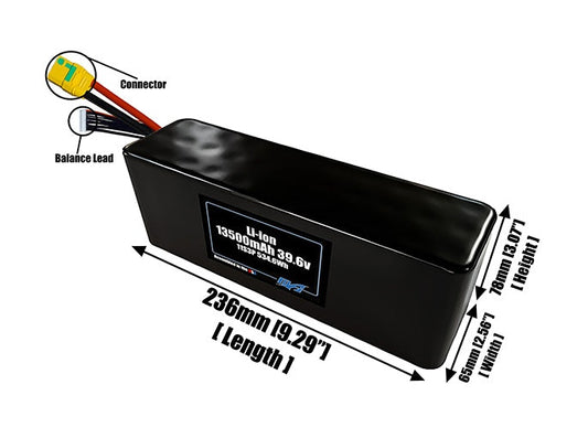 Size reference photo of the 13500mAh 39.6V lithium ion pack showing 236 mm by 65 mm by 78 mm dimensions ideal for drones or large robotic systems where space matters.