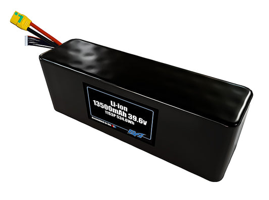 Compact 39.6-volt 13500mAh lithium-ion battery, built for lightweight drone, UAV, and robotics projects.