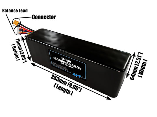 Size reference photo of the 13500mAh 43.2V lithium ion pack showing 253 mm by 64 mm by 75 mm dimensions ideal for drones or large robotic systems where space matters.