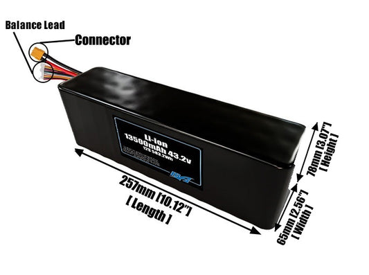Size reference photo of the 13500mAh 43.2V lithium ion pack showing 257 mm by 65 mm by 78 mm dimensions ideal for drones or large robotic systems where space matters.