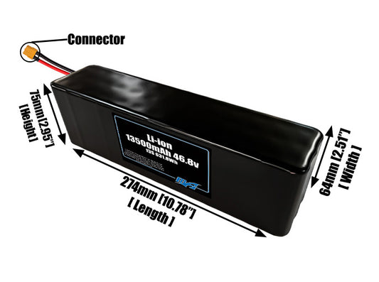 Size reference photo of the 13500mAh 46.8V lithium ion pack showing 274 mm by 64 mm by 75 mm dimensions ideal for drones or large robotic systems where space matters.