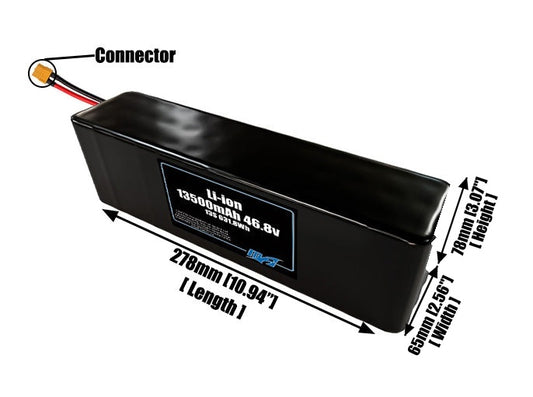 Size reference photo of the 13500mAh 46.8V lithium ion pack showing 278 mm by 65 mm by 78 mm dimensions ideal for drones or large robotic systems where space matters.