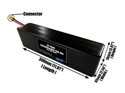 Size reference photo of the 13500mAh 50.4V lithium ion pack showing 300 mm by 65 mm by 78 mm dimensions ideal for drones or large robotic systems where space matters.