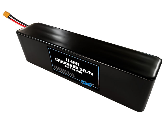 Compact 50.4-volt 13500mAh lithium-ion battery, built for lightweight drone, UAV, and robotics projects.