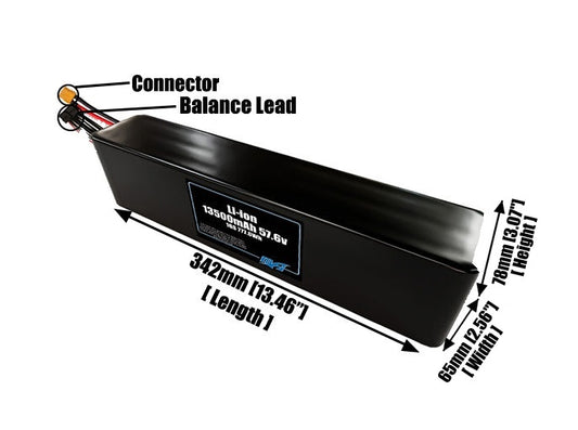 Size reference photo of the 13500mAh 57.6V lithium ion pack showing 342 mm by 65 mm by 78 mm dimensions ideal for drones or large robotic systems where space matters.